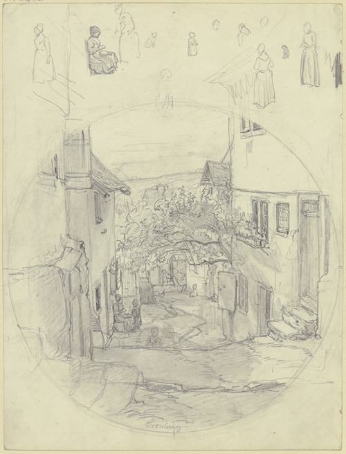 Studienblatt; Ansicht einer Straße in Kronberg, oben verschiedene Figurenstudien