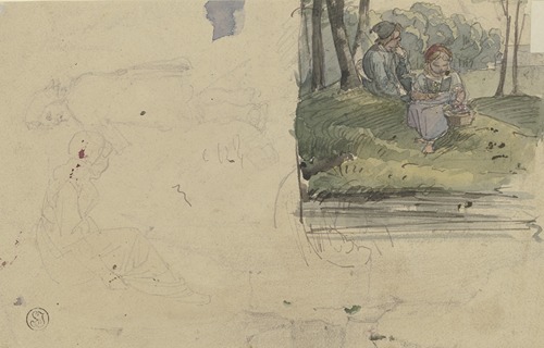 Studienblatt; Figuren und ein Mädchen mit einem Jungen im Wald sitzend