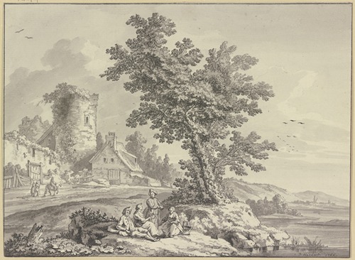 Flusslandschaft, links ein Bauernhaus an dem Turm einer Stadtmauer, in der Bildmitte rasten vier Personen an einem Baum