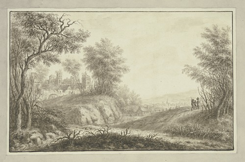 Waldweg, links Durchblick auf eine Schloßruine, rechts in der Ferne ein Städtchen