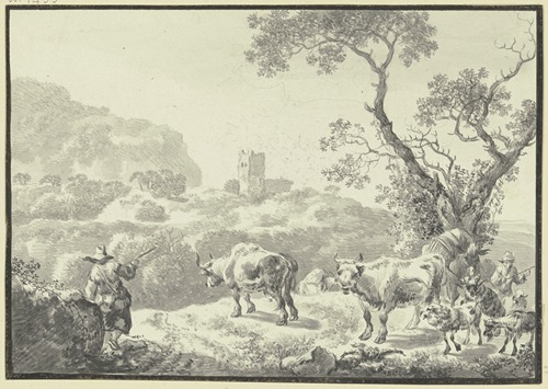 Landschaft mit einer Burgruine, zwei Hirten führen ihre Viehherde von rechts herbei