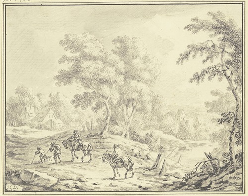 Bewaldete hügelige Landschaft, in der Mitte eine Baumgruppe, hinter der Häuser liegen, im Vordergrund ein Mann und eine Frau zu Pferde mit zwei Begleitern zu Fuß