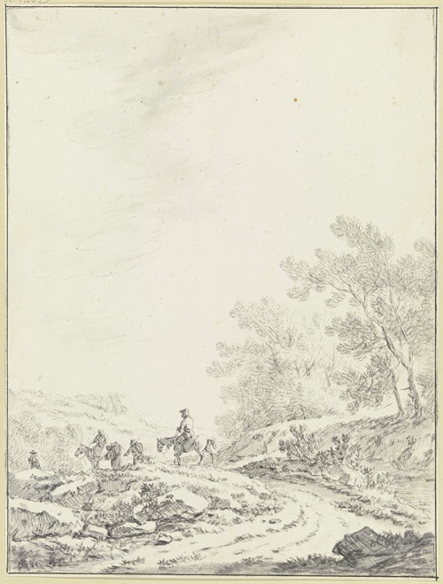 Breiter Weg mit Ausblick in eine offene Landschaft, rechts Buschwerk, links auf dem Weg zwei Reiter und drei Fußgänger