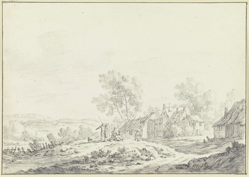 Häuser eines Dorfes in einer hügeligen Landschaft, von links führt ein Weg mit einer Gruppe von Personen über eine Anhöhe zu den Häusern