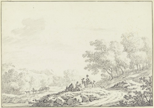Hügelige bewaldete Landschaft, im Vordergrund neben einem Weg eine Gruppe von ruhenden Landleuten mit einem Reiter und einem Hund, im Mittelgrund ein bespannter Heuwagen.