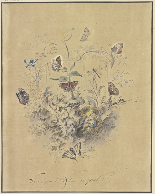 Rocaille-Ornament mit einer Kalla und anderen Blumen, Schmetterlingen wie Perlmutterfalter, Pfauenauge und Segelfalter sowie Libellen und einer Raubmücke