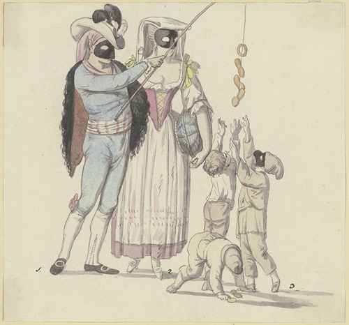 Maskenszene mit Fischer und Frascatanerin; Ein maskiertes Paar, der Mann mit einer Angel, an der Würstchen hängen, nach denen drei Knaben greifen