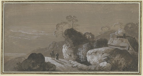 Hohlweg zwischen Felsen, rechts zwei Hütten, auf dem Weg ein Reiter mit Begleiter zu Fuß