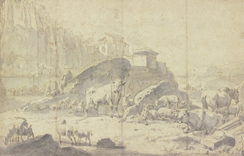 Herde von Ziegen, Schafen, Kühen und Pferden in einer italienischen Berglandschaft mit Ruinen