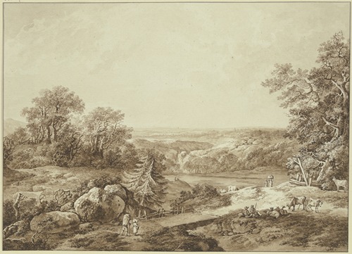 Hügellandschaft mit Ausblick in weite Ferne, vorne am Weg rastende Hirten mit ihrer Herde und wandernde Bauern
