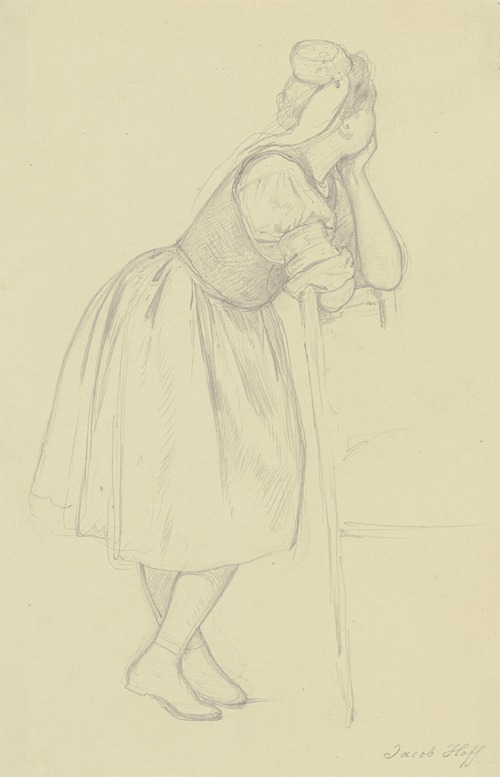 Hessisches Bauernmädchen, ganze Figur, stehend, auf eine Stuhllehne gestützt.