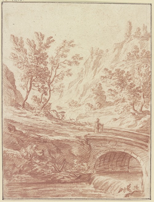 Baumbestandenes Tal, im Vordergrund ein Bach, über den eine Brücke führt