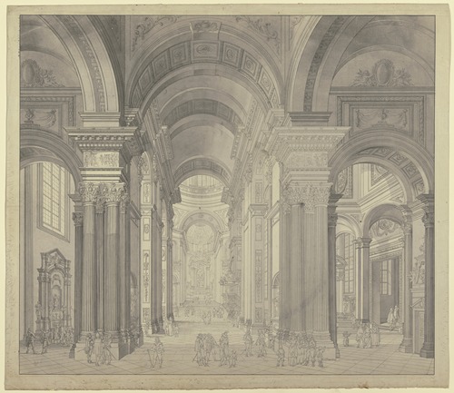 Blick in das Innere einer Barockkirche mit Staffagefiguren in der Tracht des 17. Jahrhunderts