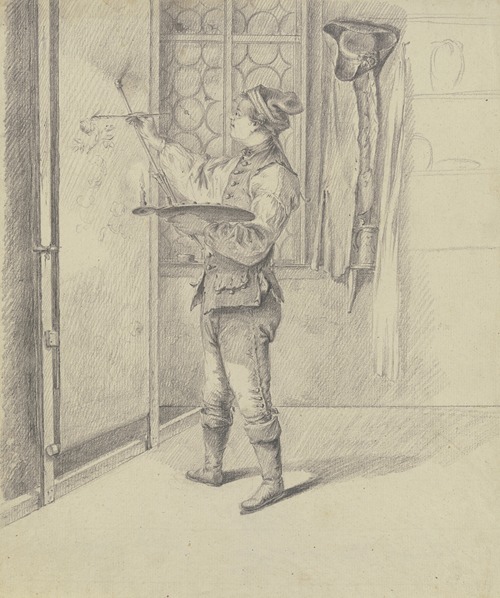 Junger Maler, ein Rollbild (Tapete) malend, bei Kerzenlicht
