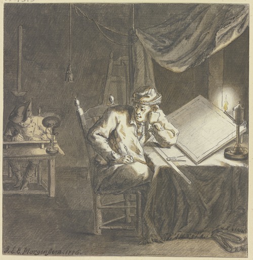 Maler und Geselle im Atelier bei Lampenlicht an ihren Zeichentischen arbeitend