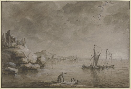 Uferlandschaft mit Felsen, einer Ruine und einem Hafenstädtchen
