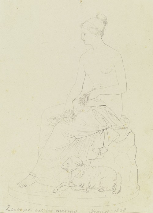 Sitzende weibliche Figur mit Blumen in den Händen, zu ihren Füßen ein Lamm