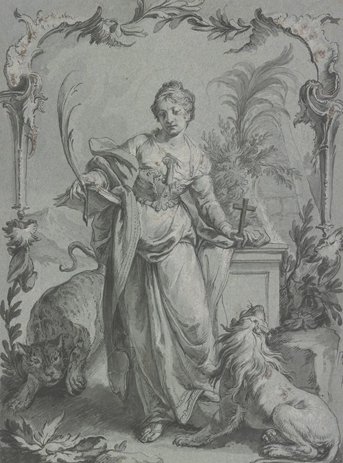 Die Heilige Euphemia, mit Kreuz und Palme vor einem Altar stehend