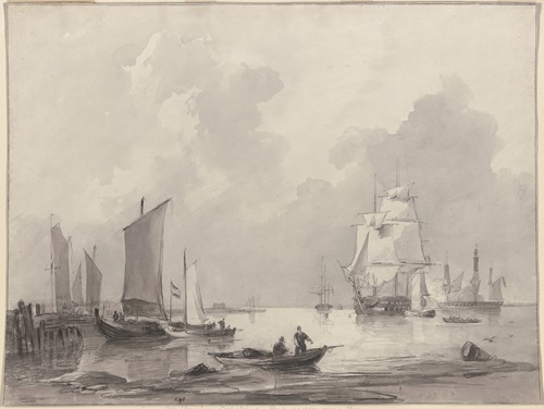 Barken am Strande, rechts größere Schiffe mit Kanonen, vorne rechts eine Barke