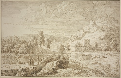 Italienische Landschaft mit Gebäude, auf dem Weg ein Hirte mit Schafen, links drei Figuren