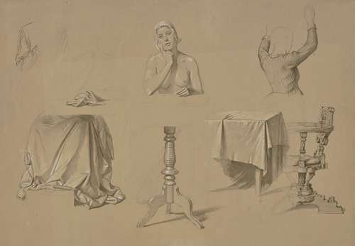 Studienblatt; Weiblicher Halbakt, Frau mit erhobenen Armen, Faltenstudien, Tisch und Lehnstuhl