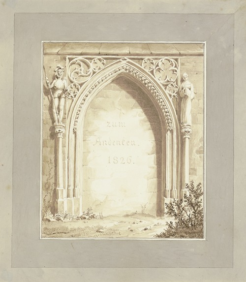 Zugemauertes gotisches Portal mit der Inschrift; zum Andenken 1826