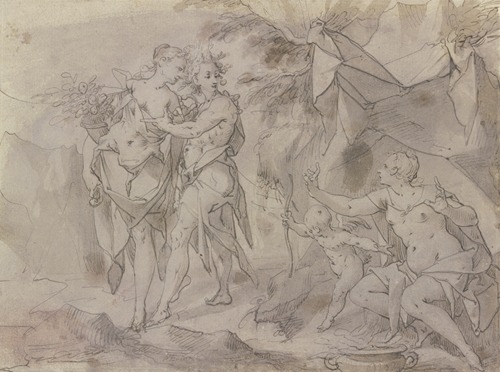 Venus und Amor unter einem Zelt sitzend, links von ihnen stehen Flora und Zephir