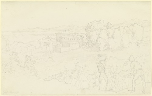 Landschaft mit einer Villa, rechts vorne Winzer, links ein Hirte, der die Flöte bläst