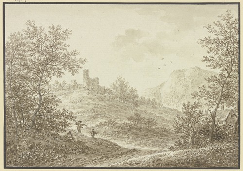 Waldausgang mit Blick auf einen Hügel mit einer Ruine, im Vordergrund drei Figuren und rechts ein Bauernhof.