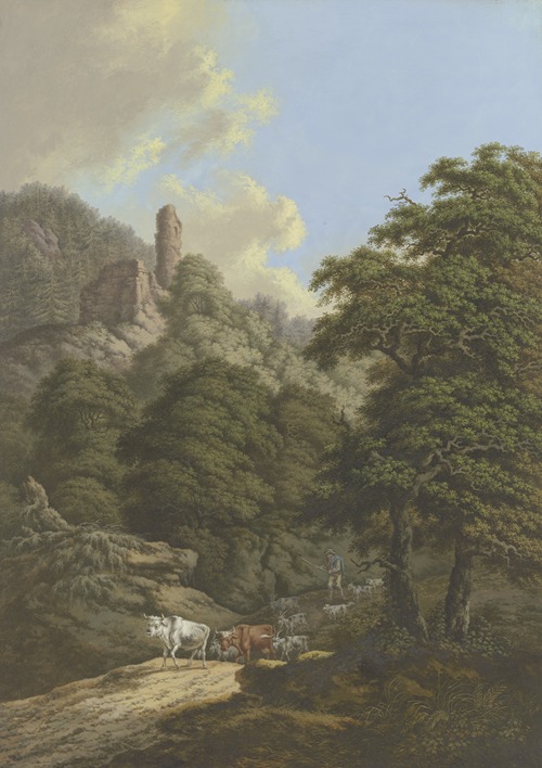 Waldige Berglandschaft mit einer Burgruine, ein Hirte treibt seine Herde von der Weide