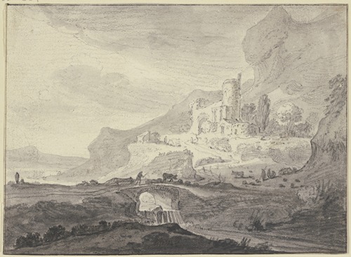 Rechts bei hohem Felsen eine Burg, vorne eine Brücke über einem Wasserfall
