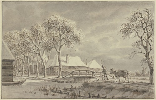 Winterlandschaft, über eine Brücke bei einem Dorf führt ein Bauer eine Kuh