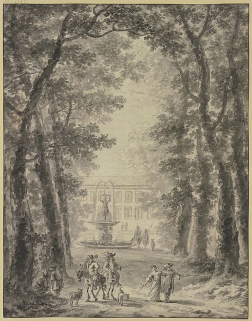Parkanlage mit Schloß und Springbrunnen, vorne zwei Reiter und einige andere Figuren
