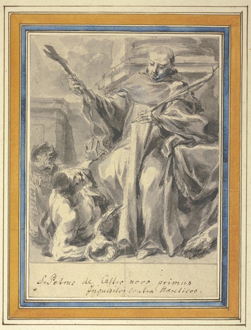 Petrus von Chateauneuf mit Kreuz und Märtyrerpalme und zwei das Ketzertum versinnbildlichende Figuren