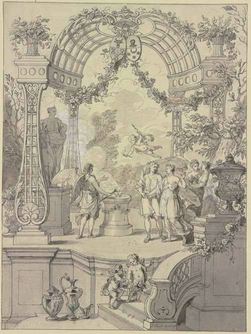 Ein Brautpaar mit Hymen an einem Altar stehend, Amor schwebt über ihnen mit reicher Architektur