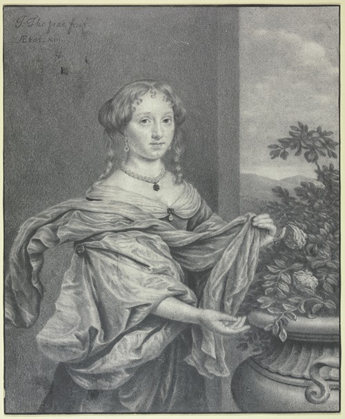 Portrait of a 13-year old girl with a large vase with roses