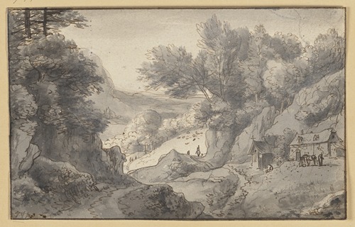 Bergige Landschaft, rechts zwei Hütten, davor ein Pferd bei einem Futterkasten