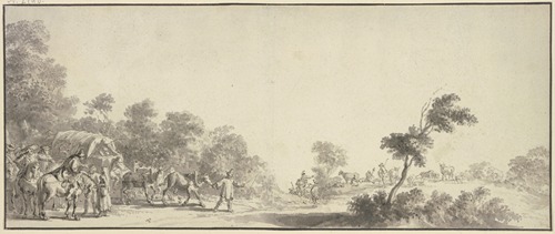 Links am Ausgang des Waldes ein Reisewagen mit drei Pferden, umgeben von vielen Reitern, rechts Hirten mit Herde