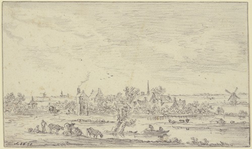 Am Wasser ein Dorf, vorn Hirten mit Vieh, auf dem Wasser ein Kahn, rechts eine Windmühle