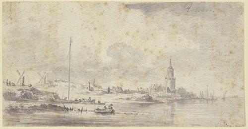Links an einem Fluss eine Stadt mit Kirche und Festungsmauer, weiter links zwei Windmühlen