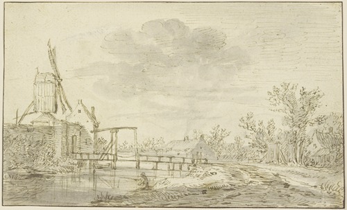 Windmühle auf einer Mauer links, zu der eine Zugbrücke über einen Bach führt