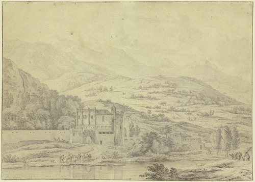 Italienische Gebirgslandschaft mit schloßartigem Gebäude