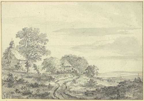 Kapelle und ein Bauernhaus unter Bäumen, dabei einiges Vieh, rechts am Rande zwei Hirten