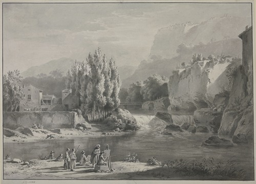 Flußlandschaft mit hohen Bergen, im Vordergrund zwei Maler mit Zuschauern
