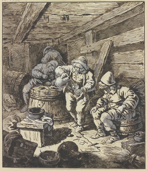 In einem niedrigen, holzverkleideten Raum mit Fässern sitzt rechts ein Bauer, nach seinem Kumpan schauend, der Wein einschenkt