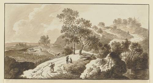 Bewaldete Anhöhe hinter einem Acker, Staffagefiguren auf dem Weg und dem Feld
