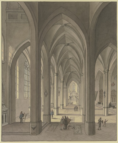 Blick in den Chor einer dreischiffigen gotischen Hallenkirche mit Staffagefiguren in der Tracht des 17. Jahrhunderts