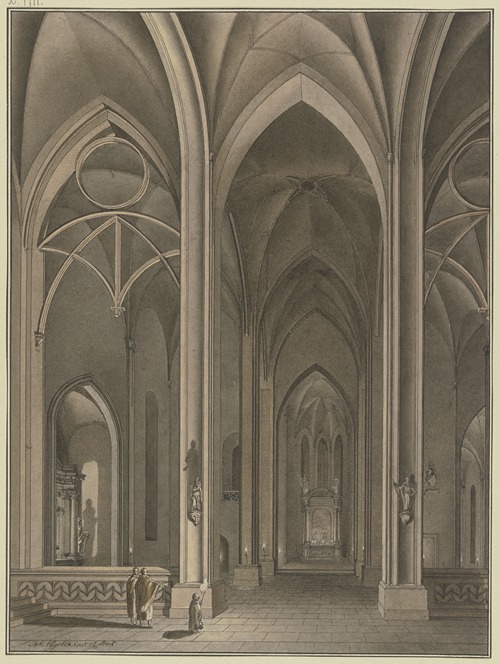 Blick in die Seitenkapelle einer gotischen Kirche, in Abendbeleuchtung; im Vordergrund ein Chorknabe mit einer Fackel und zwei Priester