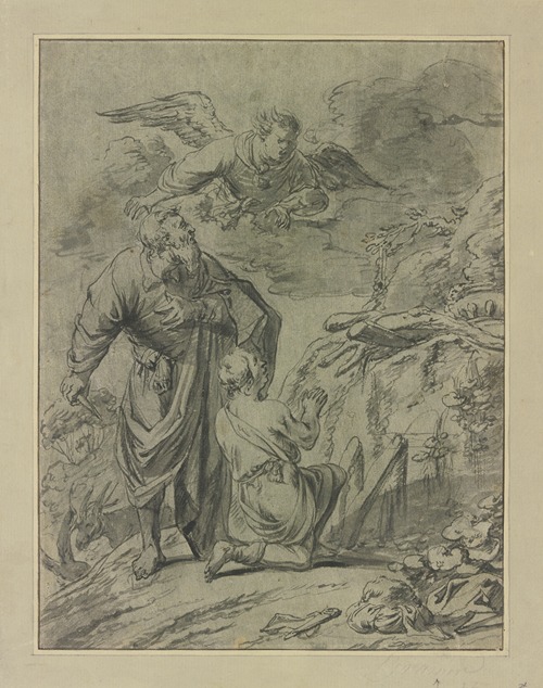 Abraham im Begriff seinen Sohn Isaak zu opfern, erblickt den Engel