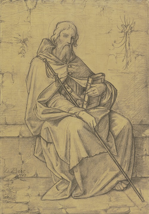 Der Heilige Thomas von Aquin in ganzer Figur an alten Gemäuern sitzend